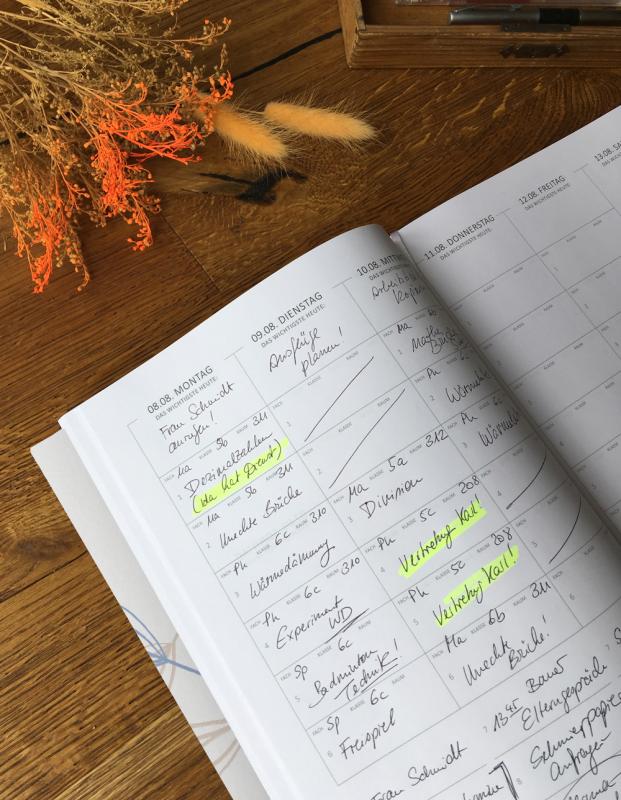 Detailansicht Wochenplanung Lehrerkalender 2023 2024 mit Jahresübersicht, Stundenpläne, Klassenliste, creme blau rosa